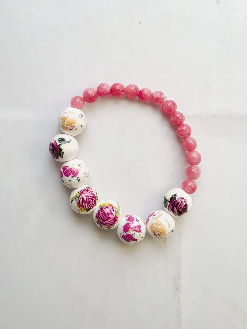Floral Porcelain & Rose Quartz Beaded Bracelet Pink Shimmer Stretch Fits 7-7.5” - Picture 3 of 5